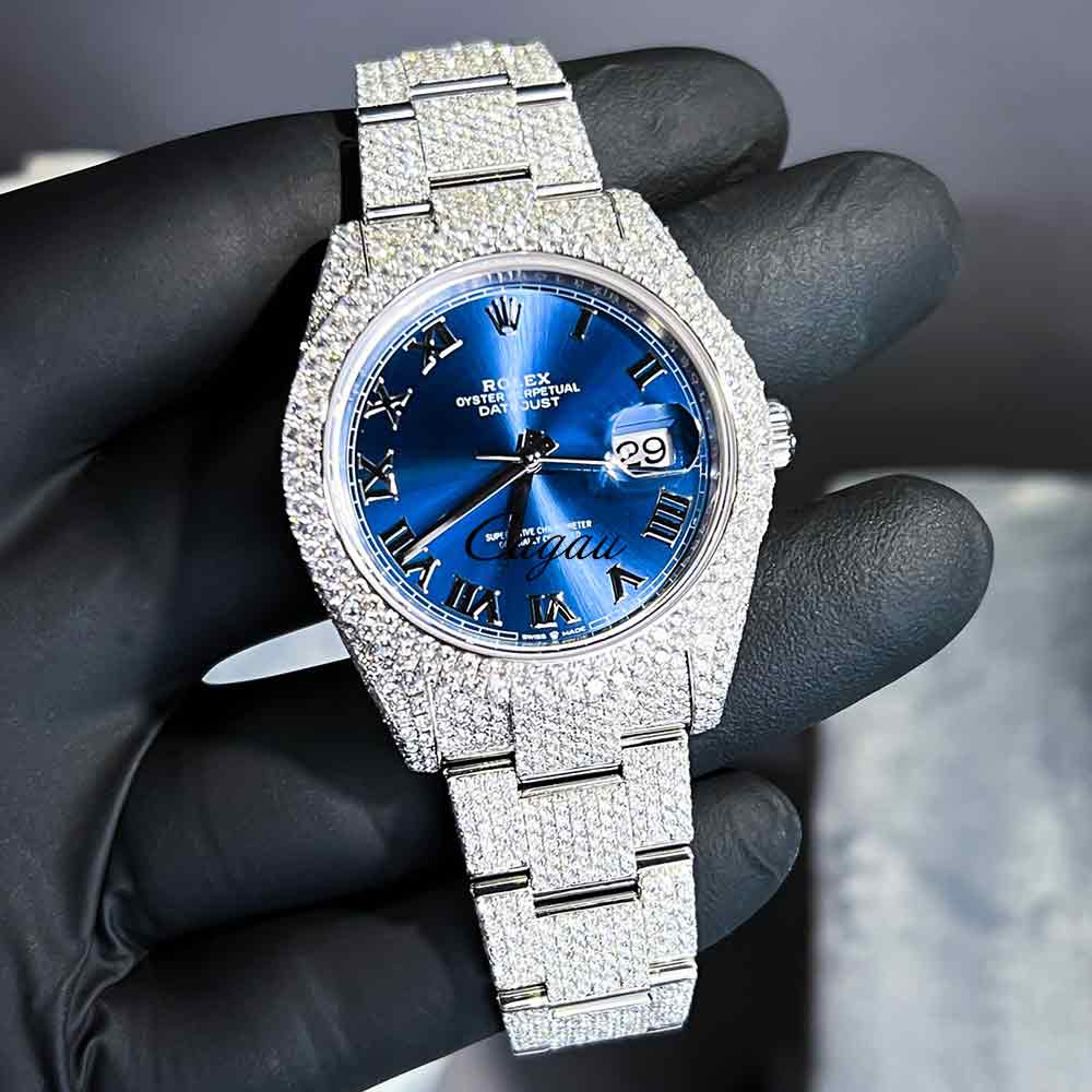 Rolex–Datejust–41–Oystersteel–Oyster–Azzurro–Blue–Dial–Custom–Pavé–Diamond–Set–VS-6