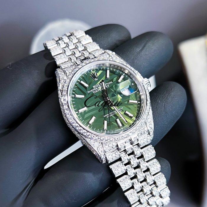 Rolex–Datejust-36–Oystersteel–Jubilee–Olive-Green-Palm-Dial–Custom-Diamond-1-min