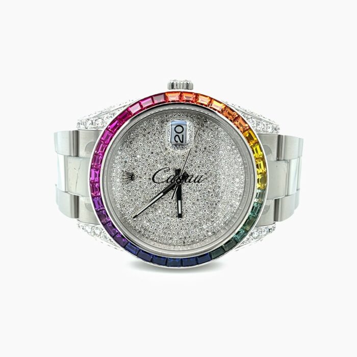 Rolex–Datejust–41–Oystersteel–Oyster–Perpetual-Movement–Custom-Rainbow-Bezel-Diamond-Case–Covert-Dial-1
